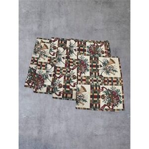 Set of 4 Dillards Holiday Music Placemats Cream Red Green Christmas Plaid